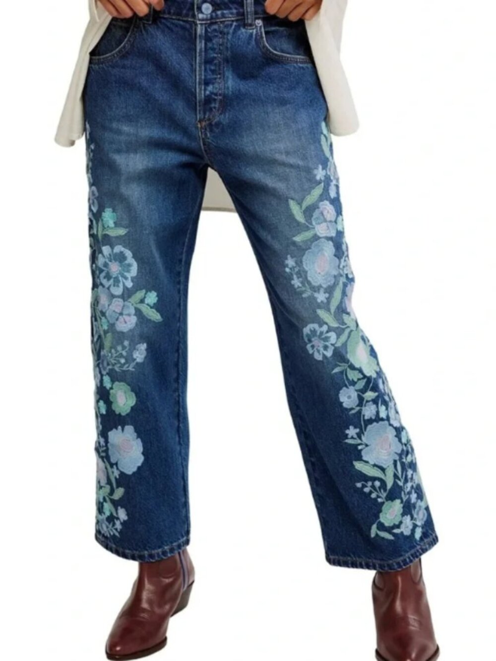 NWOT FREE PEOPLE We the Free Willow Floral Embroidered Jeans in Forget Me Not 31 - Picture 3 of 7